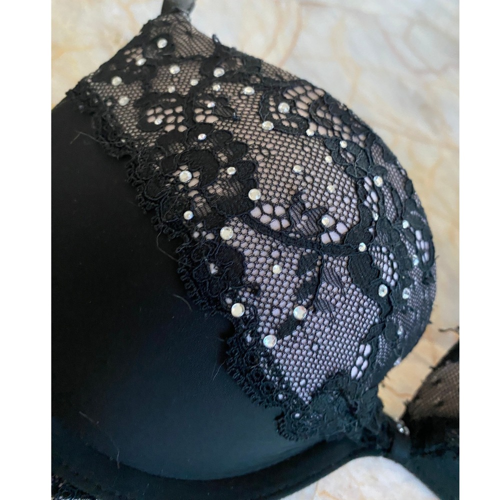 Victoria's Secret Padded Demi Bra Black Lace Rhinestone 32B Floral Scallop Trim - Picture 3 of 14